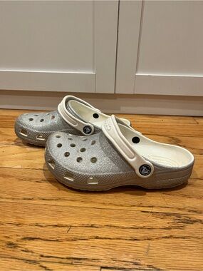 CROCS Kids Silver Glitter Clogs with White Strap